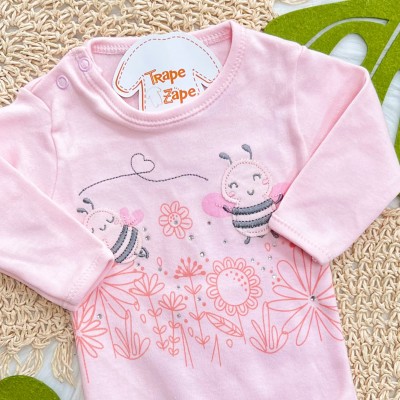 Kit 3 Peças - Bodys Manga Longa Abelha Fofa com Tule - Rosa, Off White e Rose